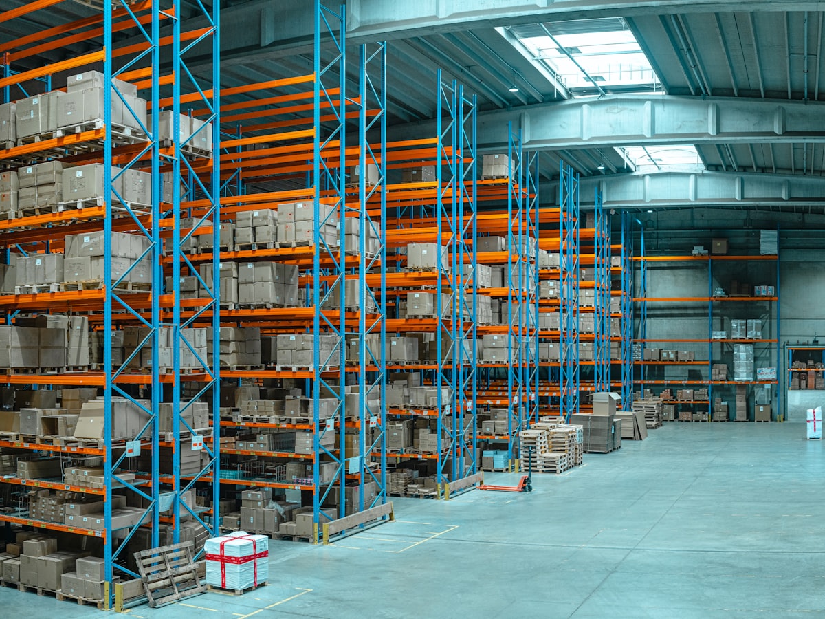 Barcoded storage boxes on numbered steel racking inside the StrongBox facility